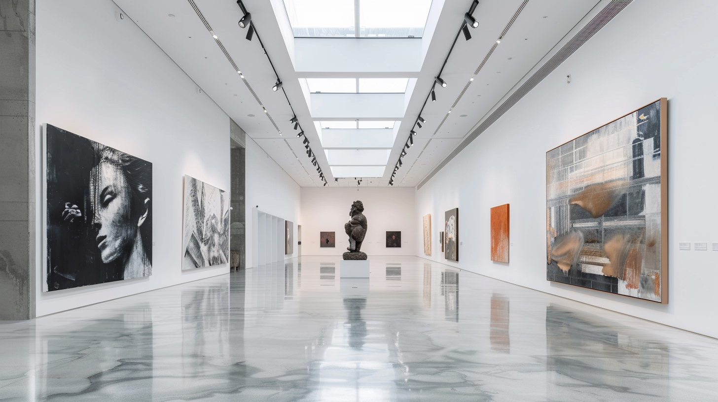 Visite 360 espace exposition - Galerie d'art contemporain avec sculptures et peintures en immersion