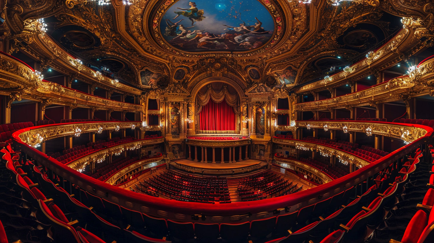 Visite virtuelle Opéra Comique - Salle Favart balcons dorés et lustre central