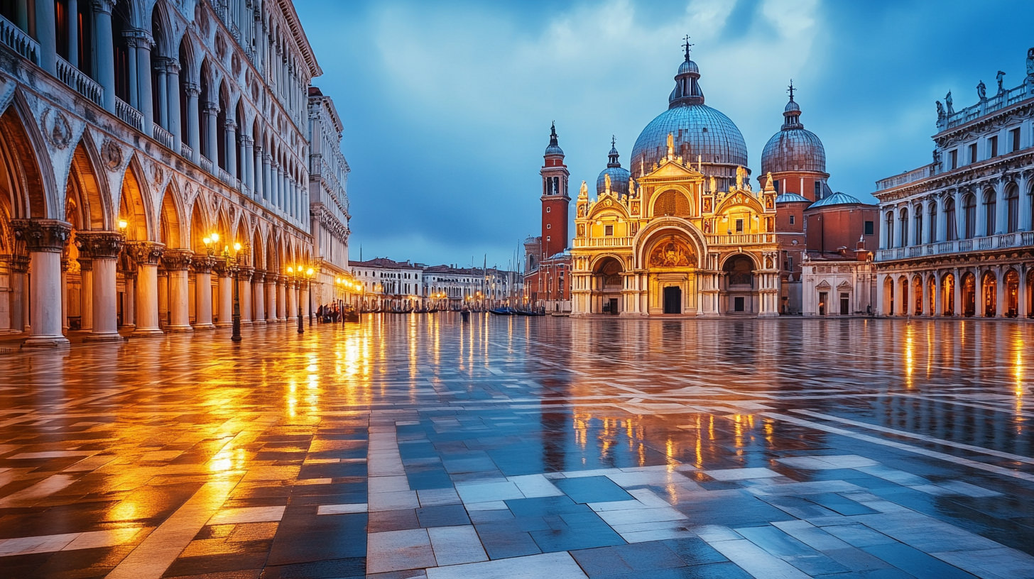 Visite virtuelle promotion touristique Venise - Place Saint-Marc déserte à l'aube, démonstration pour offices de tourisme
